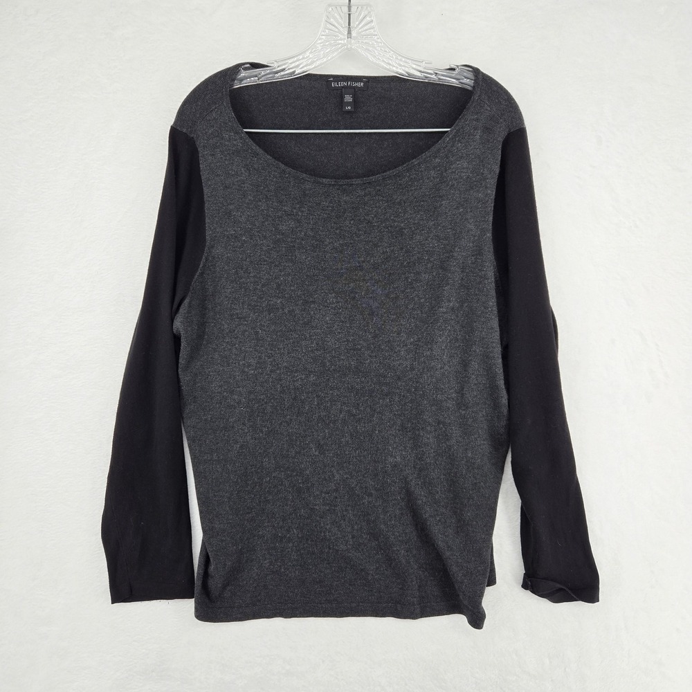 Eileen Fisher Sweater Womens Large Gray Black Long Sleeve Pullover Tencel Blend